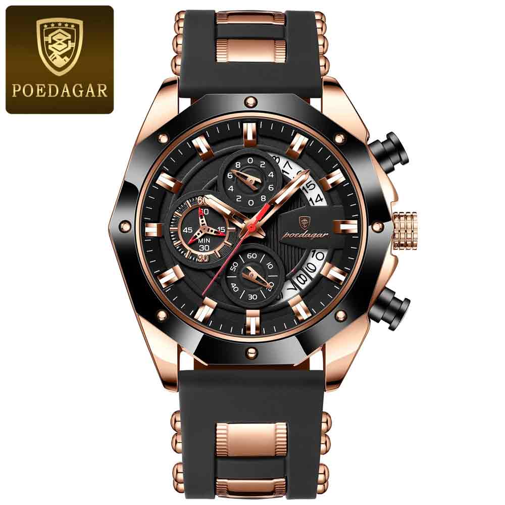 POEDAGAR 913 Luxury Men Watch Waterproof Luminous Rose Gold Black